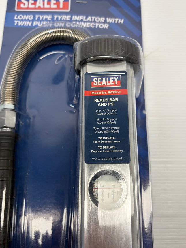 Sealey Tyre Inflator Long Type with Twin Push-On Connector SA39