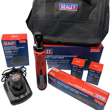 Sealey CP1202KIT Ratchet Wrench Kit 3/8" Sq Drive 12V 2 Batteries + Storage Bag