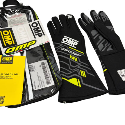 OMP SPORT FIA 8856-2018 GLOVES BLACK - YELLOW NOMEX FIREPROOF