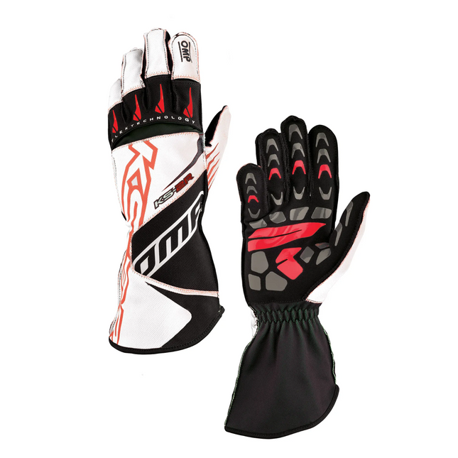 OMP KS-2R KARTING KART GLOVES WHITE / RED - RACING TRACK DAYS DRIVING GLOVES